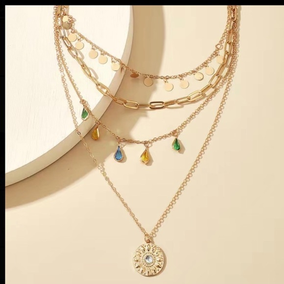 Boutique Jewelry Jewelry - Feminine Layered Four Tiered Colorful Medallion Discs Gold Adjustable Necklace.